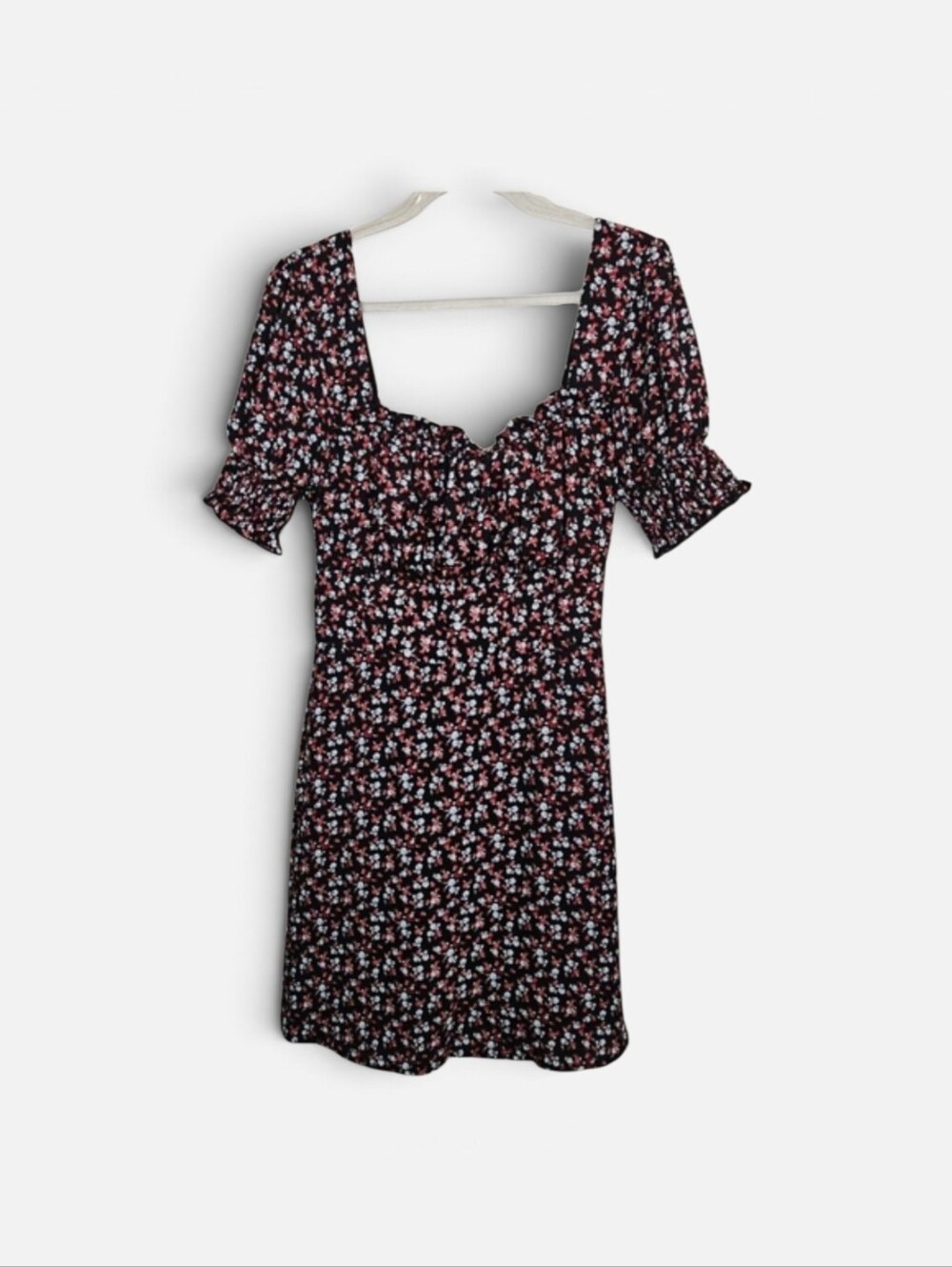 Row A Black Ditsy Floral Puff Sleeve Mini Dress Size Small 90's Babydoll